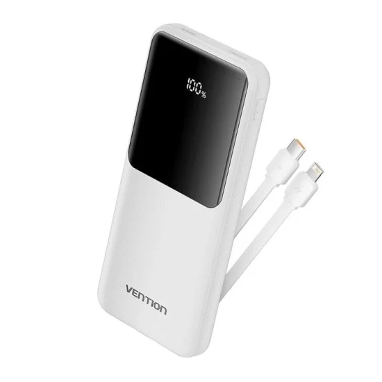 Vention Power Bank 10000mAh (Micro-USB + USB-C + USB-A + USB-A) with Built-in USB-C and Lightning Cables 22.5W _ White